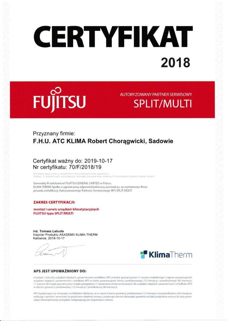 Klimatyzacja FUJITSU - Certyfikat