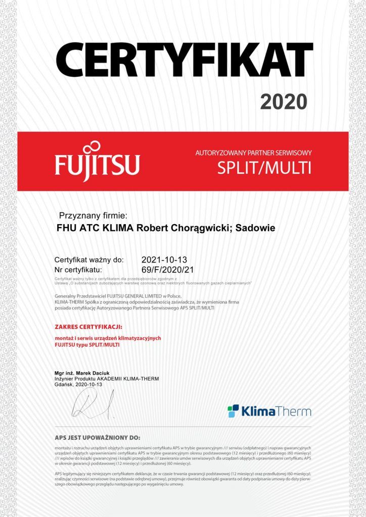 Klimatyzacja FUJITSU - Certyfikat