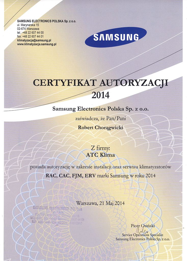 Klimatyzacja SAMSUNG - Certyfikat